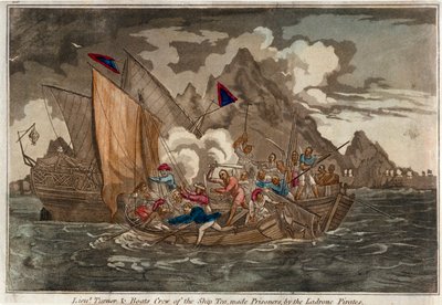 Porucznik Turner i załoga statku "Tea", uwięzieni przez piratów z Ladrone, ok. 1800 r. (kolorowa akwatinta) autorstwa Unknown artist