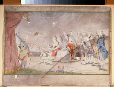 Cesarzowa Katarzyna II z rodziną i dworzanami (Cesarzowa Katarzyna II z rodziną i dworzanami) - Anonimowa praca, akwarela i tusz na papierze, koniec 1780 r. autorstwa Unknown artist