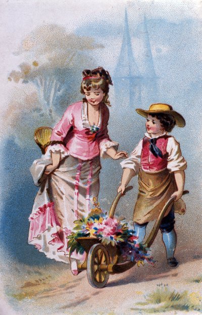 Mały ogrodnik: młody chłopak z taczką pełną kwiatów rozmawia z młodą kobietą w drodze do wioski. chromolitografia 1880. autorstwa Unknown artist
