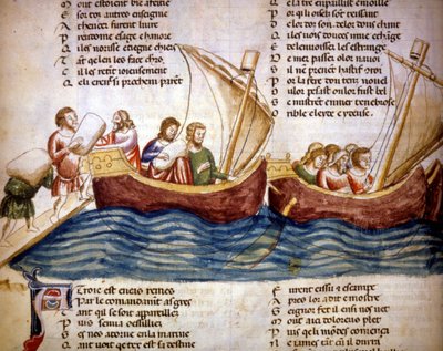 Załadunek ładunku na pokład, koniec XIII wieku. Miniatura „Roman de Troy” autorstwa Benoit de Saint Maure. XIV-wieczna Biblioteca Marciana, Wenecja autorstwa Unknown artist