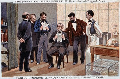 Louis Pasteur, francuski naukowiec (1822-1895), wskazał program swojej przyszłej pracy w otoczeniu współpracowników - czekoladowa etykieta reklamowa Aiguebelle, v. 1895. autorstwa Unknown artist