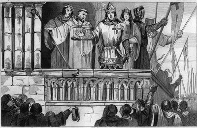 Ludwik VII (1120-80) Młody podnosi poparcie dla II krucjaty w 1144 - Ludwik VII podejmuje II krucjatę za radą św. Bernarda de Clairvaux (San Bernardo di Chiaravalle) - Rycina 1825 w „Histoire de France reprezentowana przez synoptyków autorstwa Unknown artist