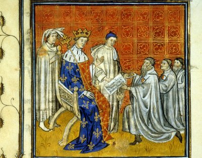 Ludwik X (1289 - 1316) nadaje Żydom przywilej królestwa - Odkupienie przez Żydów w 1315 r. ich prawa powrotu do królestwa Francji po wygnaniu w 1308 r. przez Filipa Bela. Można je rozpoznać po biało-czerwonym kole. Illumina autorstwa Unknown artist