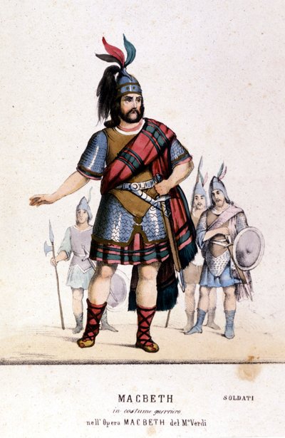 Postać Makbeta w stroju wojownika w operze o tym samym tytule Giuseppe Verdiego (1813 - 1901) na podstawie twórczości Williama Szekspira. 1847. Grawerowanie. autorstwa Unknown artist