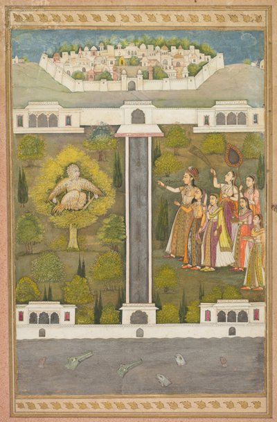 Mahliqa, córka cesarza Chin, wskazując na Bird-Man Khwaja Mubarak: Liść z poetyckiego romansu dotyczącego Szacha Alama I (odbyt.) autorstwa Unknown artist