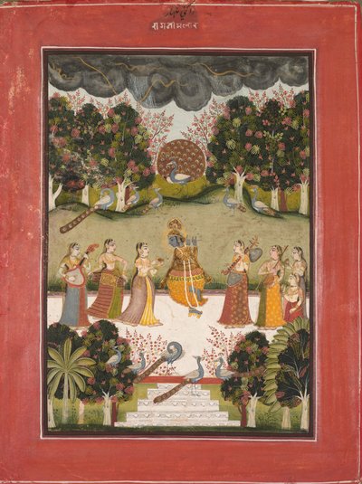 Malar Ragini: Krishna grający na flecie do siedmiu gopi trzymających instrumenty muzyczne, z serii Ragamala autorstwa Unknown artist