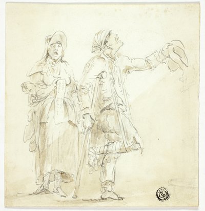 Mężczyzna o kulach błagający, z kobietą śpiewającą i trzymającą dziecko autorstwa Unknown artist