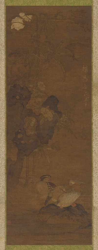 Kaczki mandarynki, skały i roślina kwitnąca autorstwa Unknown artist