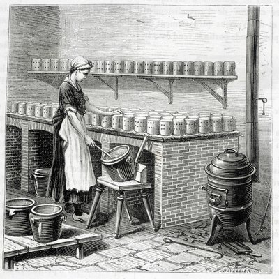 Produkcja sera camembert (twaróg wlewa się do małży) – w „Cuda przemysłu” Louisa Figuiera autorstwa Unknown artist