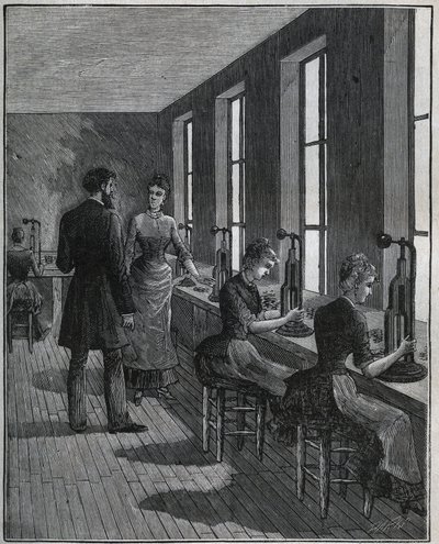 Produkcja piór metalowych: warsztat decoupage we Francji w XIX wieku. Grawer z 1885 roku w „Les arts et metiers illustres” Adolphe BITARD. autorstwa Unknown artist