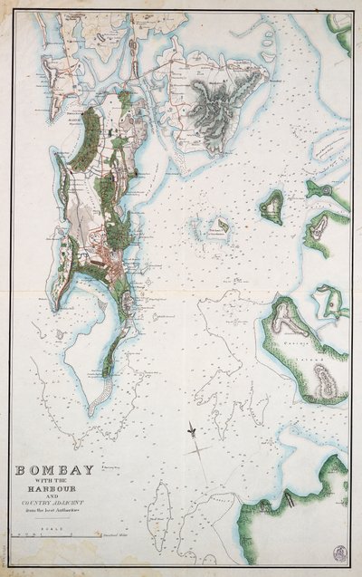 Mapa Bombaju z portem i przyległymi terenami, ukazująca również Morze Arabskie i Zatokę Perską, ok. 1855 r. (tusz, akwarela) autorstwa Unknown artist
