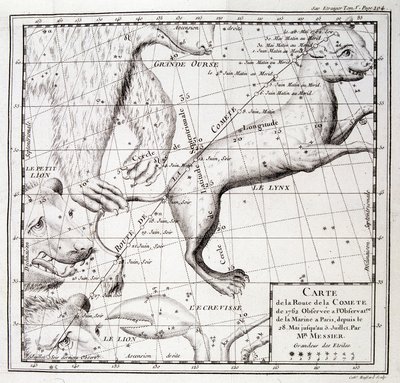Mapa drogi komety z 1762 r. i mapa nieba obserwowanego przez Messiera - grawerowanie autorstwa Unknown artist