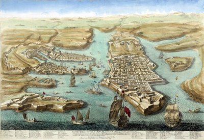 Mapa portu Maltańskiego, jego fortyfikacji i zamku. Grawerowanie XVIII wieku. autorstwa Unknown artist