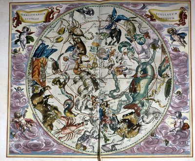 Mapa nieba i znaków zodiaku - faksymile starożytnej kompozycji przedstawiającej konstelacje nieba południowego według „Harmonia Macrocosmica” André Cellarius autorstwa Unknown artist