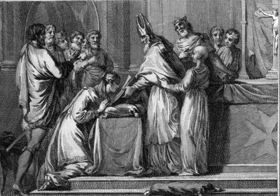 Ślub Sigeberta I (535-575), króla Austrazji i Brunehauta (lub Brunehildy, 543-613), 566. Rycina z XVIII wieku. autorstwa Unknown artist
