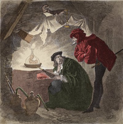 Mefistofeles (Mefisto) a Faust Illustration de „”Faust”” Johanna Wolfganga von Goethego (1749-1832) (Ilustracja do „”fausta””” Goethego) Grawerowanie autorstwa Unknown artist