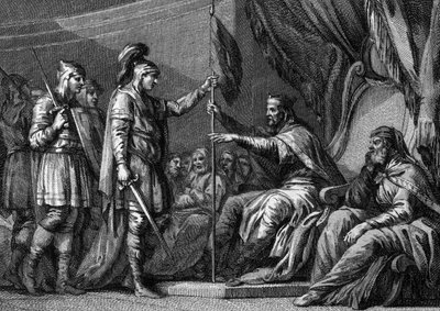 Okres Merowingów: burmistrz pałacu (dostojnik królestwa) składał przysięgę przed objęciem urzędu. Składa przysięgę eveques i panom regionu, że zachowają swoje prawa. Rycina z XVIII wieku. autorstwa Unknown artist