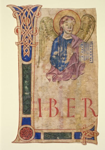 Miniatura wycięta z Ewangeliarza: Symbol św. Mateusza (recto) i Tablice kanoniczne (verso) autorstwa Unknown artist