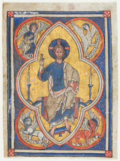 Miniatura wycięta z psałterza: Chrystus w majestacie z symbolami czterech ewangelistów autorstwa Unknown artist