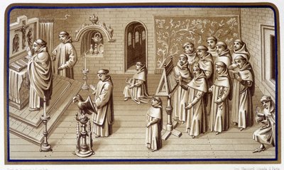 Zakonnicy w kaplicy klasztoru: modlitwa i chór. Grisaille Cudów Matki Bożej. Chromolitografia. 19 wiek autorstwa Unknown artist