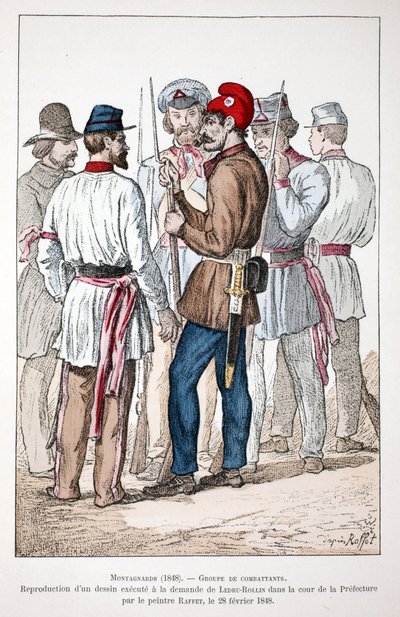 Montagnards (1848), grupa bojowników, z których jeden nosi czapkę frygijską i rewolucyjną kokardę. Eau forte en couleurs, reprodukcja rysunku wykonanego na zlecenie Alexandre Ledru-Rollina (Ledru Rollin) (1807-1874) na dziedzińcu autorstwa Unknown artist