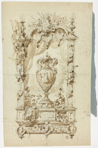 Monumentalna waza w ozdobnej ramie (recto); szkic stojącego mężczyzny z parasolem i papugą oraz studia architektoniczne (verso) autorstwa Unknown artist