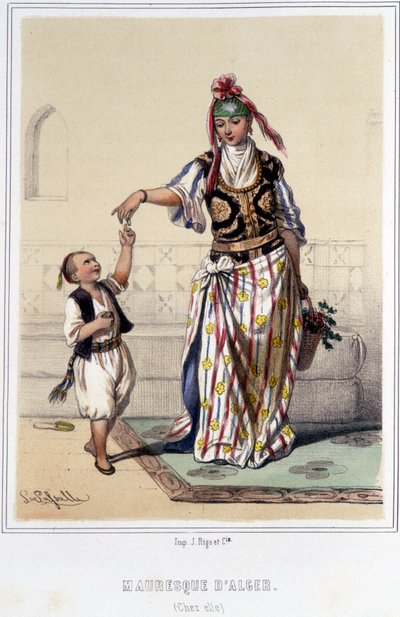 Mauretanka w towarzystwie dziecka w domu w Algierze w drugiej połowie XIX wieku. autorstwa Unknown artist