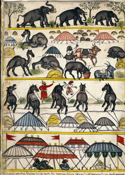 Obóz wojskowy Mogołów. Strona z rękopisu (ms.8300) „”Historia Mogol”” (Moghul lub Moghol) autorstwa Stefano Nivibus Cardeira. 18 wiek. Bibloteca marciana, Wenecja autorstwa Unknown artist