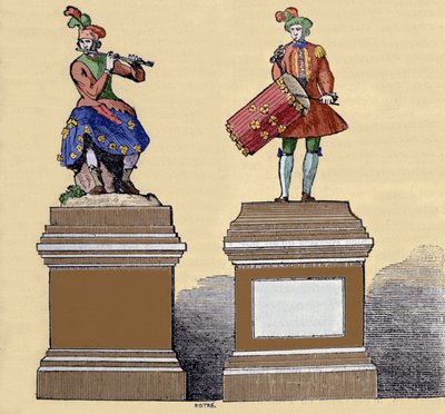 Automaty muzyków: „Fletarz traversiere” (1737) i „Tamburynista” (1738). Wykonał je Jacques de Vaucanson (1709-1782), francuski inżynier. autorstwa Unknown artist