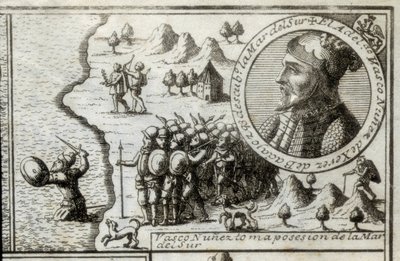 NUNEZ DE BALBOA, Vasco (1475-1517). Angielski odkrywca i zdobywca. Hiszpania. Hiszpańska kolonizacja (1513). Vasco Nunez opanowujący Morze Południowe. Zdjęcie z 1728 roku. Rycina. autorstwa Unknown artist