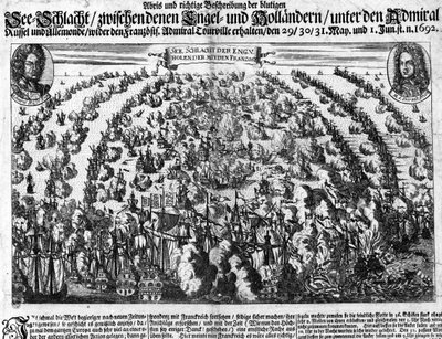 Bitwa morska pod La Hougue (1692), która przeciwstawiła się armii Ludwika XIV w Holandii. Rytownictwo. 18 wiek. autorstwa Unknown artist