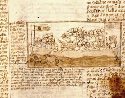 Bitwa morska między Saracenami a krzyżowcami w 1120 r. Według rękopisu „Pielgrzymka do Ziemi Świętej” z XII wieku. Marciana, Wenecja. autorstwa Unknown artist