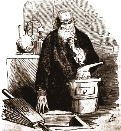 Nicolas Flamel (1330-1418) w swoim laboratorium. autorstwa Unknown artist