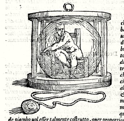 Drugi garnitur Nicoli Fontany o nazwie Tartaglia (1499 - 1557). Zapewnia kryształową kulę, w której nurek się zamyka. Grawerowanie XVI wieku. autorstwa Unknown artist
