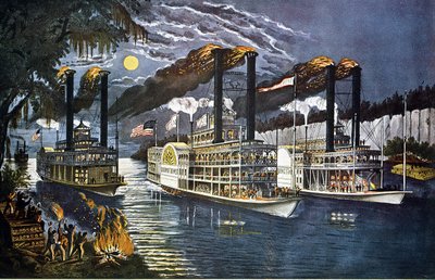 Nocny wyścig 2 łodzi o świcie na Missisipi autorstwa Unknown artist