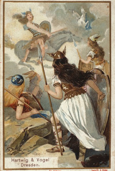 Mitologia nordycka: Walkyrie (dziewicze wojownicy) w Walhalli (lub Walhalla, Walhalla, Walhalle: miejsce, w którym sprowadzani są dzielni wojownicy) i upadek wojowników w bitwie. chromolitografia z XIX wieku autorstwa Unknown artist