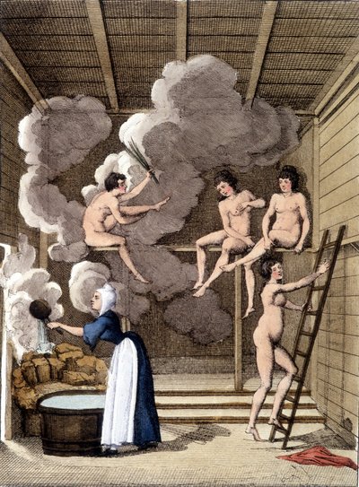 Nagie postacie w saunie Filandan. Rycina z 1811 roku zawiera księgę o podróży. autorstwa Unknown artist