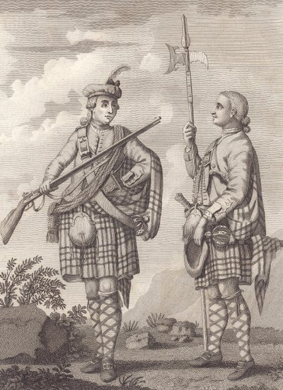 Oficer (po lewej) i sierżant 42. Highlanders — Czarnej Straży — ok. 1750 (rycina) autorstwa Unknown artist