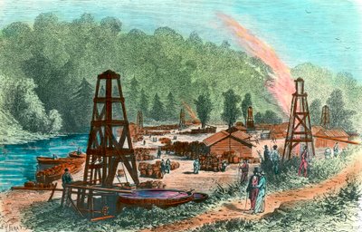 Szyby naftowe w Tarr Farm w Pensylwanii, USA. Rycina XIX wieku. Prywatna kolekcja autorstwa Unknown artist