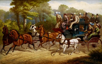 W drodze na derby. Fiakr i omnibus ciągnięty przez konie idące na derby autorstwa Unknown artist
