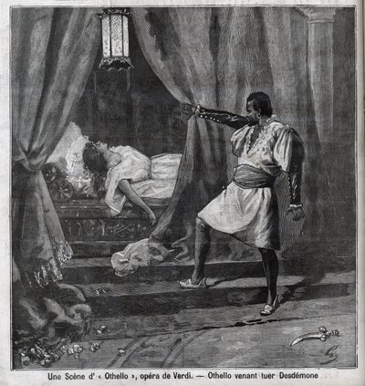 Otello właśnie zabił Desdemonę w swoim łóżku. Scena opery „”Otello”” Giuseppe Verdi (1813-1901) Grawerowanie w „”Le Parisien”” autorstwa Unknown artist