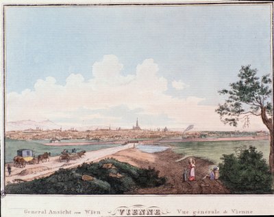 Przegląd miasta Wiednia z mostem na Dunaju. Grawer Austria z 1830 r. Kolekcja prywatna autorstwa Unknown artist