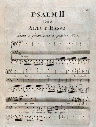 Strona drugiego psalmu w partyturze muzycznej „” Psalmy”” Benedetto Marcello autorstwa Unknown artist