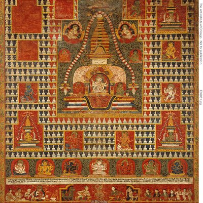 Malowany sztandar (paubha) bogini Ushnishavijaya wewnątrz kopca pogrzebowego (chaitya) i otoczony przez chaityas autorstwa Unknown artist