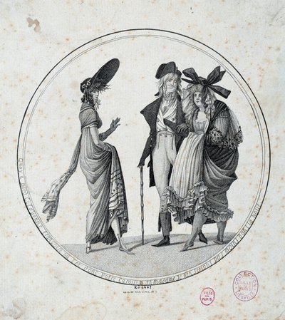 Moda paryska: „Niesamowite i cudowne” Grawerowanie z 1795 r. Paryż, Musee Carnavalet autorstwa Unknown artist