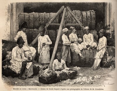 Dilerzy i kupcy Parsi na targu bawełny w Bombaju. Rycina ilustrująca podróż w południkowych prowincjach Indii, autorstwa Alfreda Grandidiera, w latach 1862-1864, opublikowana w „Le tour du monde”” 1869, pod redakcją Edouarda Chartona, wyd. Hachette, Par. autorstwa Unknown artist