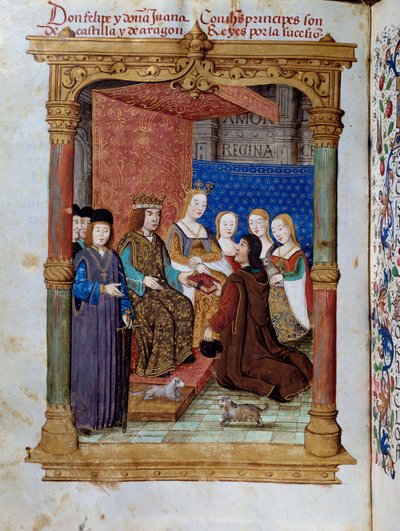 Pedro Marcuello prezentujący swoją książkę królowi Filipowi I Hasburgowi znanemu jako Piękny (1478-1506) i królowej Kastylii Joan Iere (1504-1555). Miniatura w „”Devotional of the Queen Da Juana, którą nazwali Wariatką”” Pedro Marcuello autorstwa Unknown artist