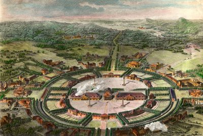 Widok perspektywiczny na Królewskie Sole Arc i Senans (Arc-et-Senans) w pobliżu Chaux zbudowane przez Claude