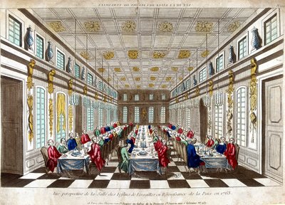 Perspektywiczny widok Salle des Festins de Versailles na cześć pokoju w 1763 roku między Wielką Brytanią, Francją i Hiszpanią. autorstwa Unknown artist