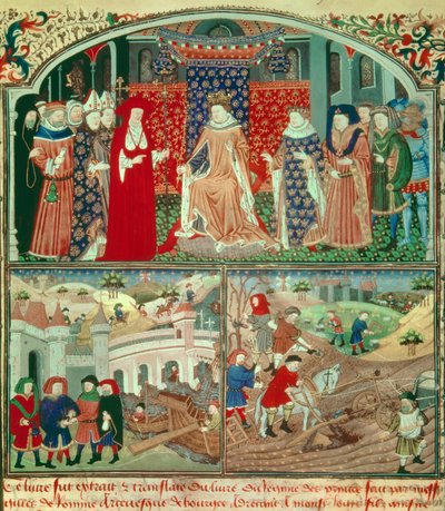 Philippe the Bel trunant (1268-1314) ze sceną orki i sceną kupiecką. Miniatura w „Livre du régime des princes” Gillesa de Rome (v.1247-1316), Paryż, B N autorstwa Unknown artist